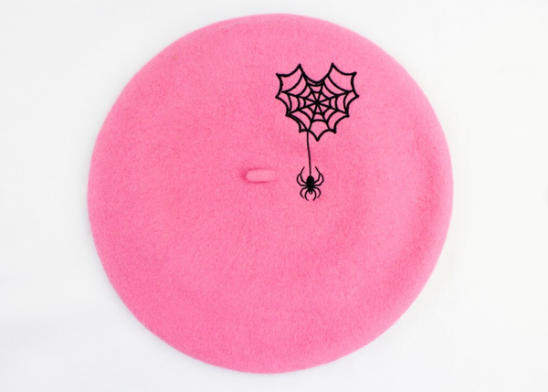 Embroidered Webbed Heart Pink Beret